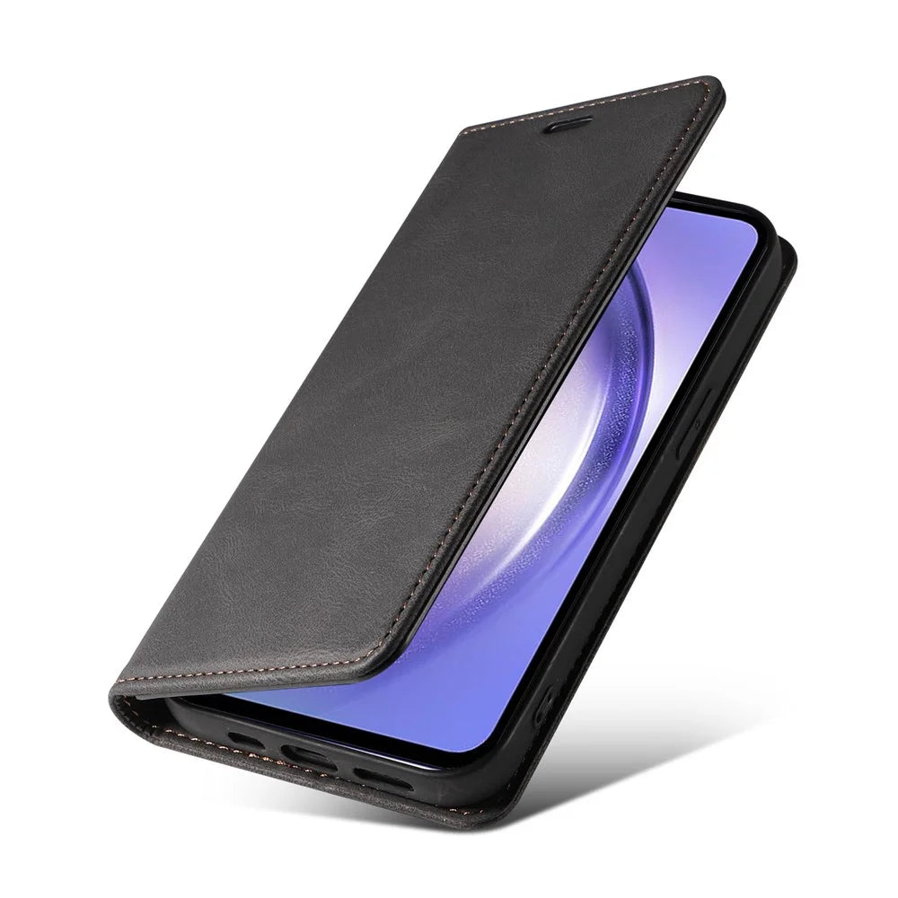 For Samsung Galaxy S24+ Magnetic Case PU Leather Card Slots Phone Cover - Black - 6