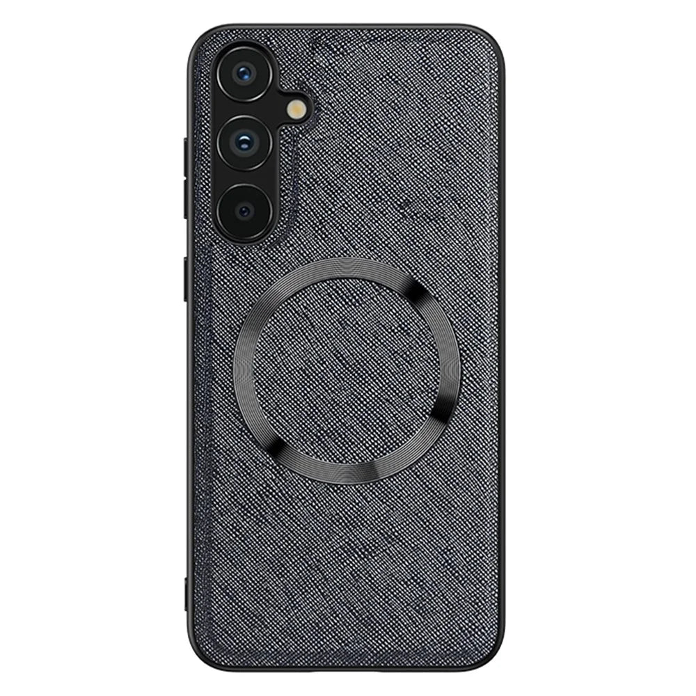 For Samsung Galaxy A15 4G / 5G Magnetic Case Cross Texture Leather Coated TPU Phone Cover - Black - 1