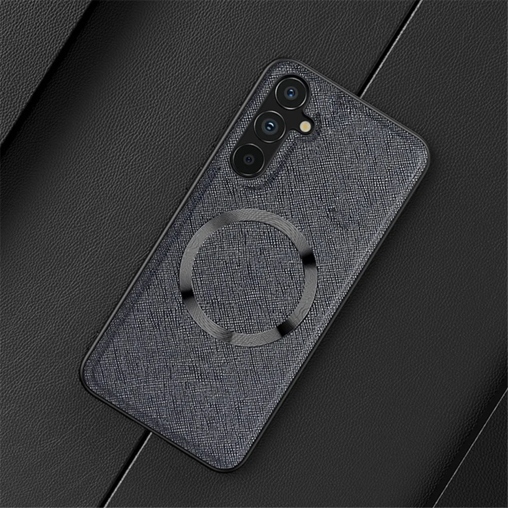 For Samsung Galaxy A15 4G / 5G Magnetic Case Cross Texture Leather Coated TPU Phone Cover - Black - 2