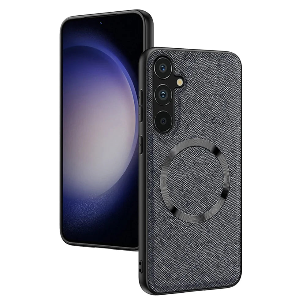 For Samsung Galaxy A15 4G / 5G Magnetic Case Cross Texture Leather Coated TPU Phone Cover - Black - 3