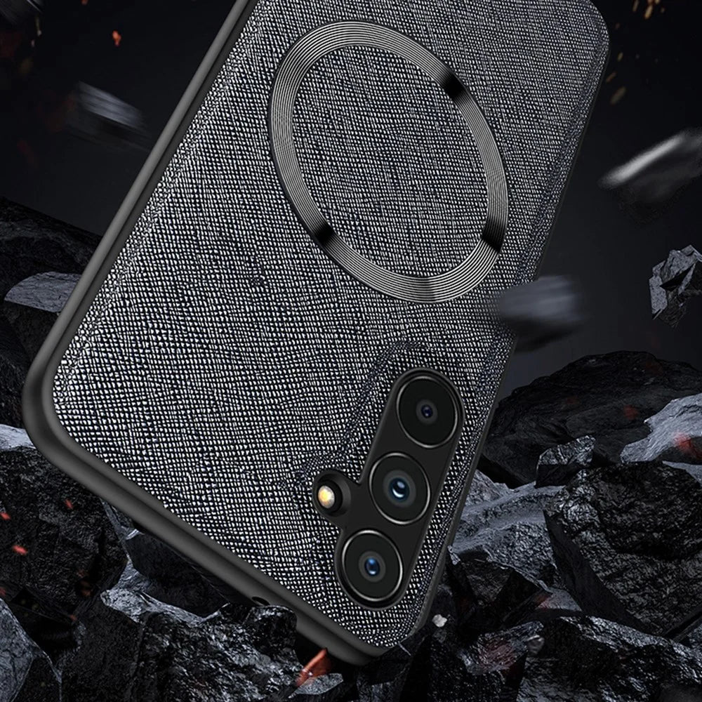 For Samsung Galaxy A15 4G / 5G Magnetic Case Cross Texture Leather Coated TPU Phone Cover - Black - 5