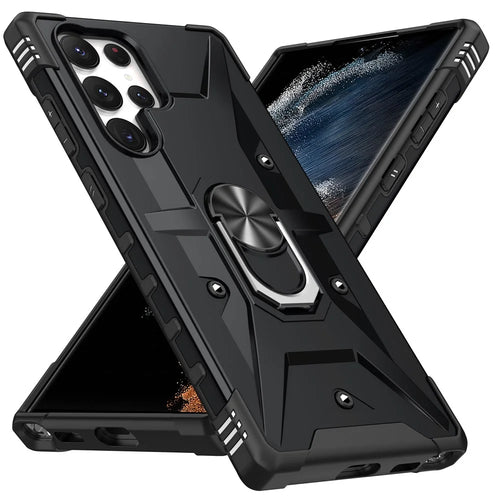 For Samsung Galaxy S24 Ultra Case PC+ TPU Hybrid Phone Cover with Ring Holder Kickstand - Black - 1