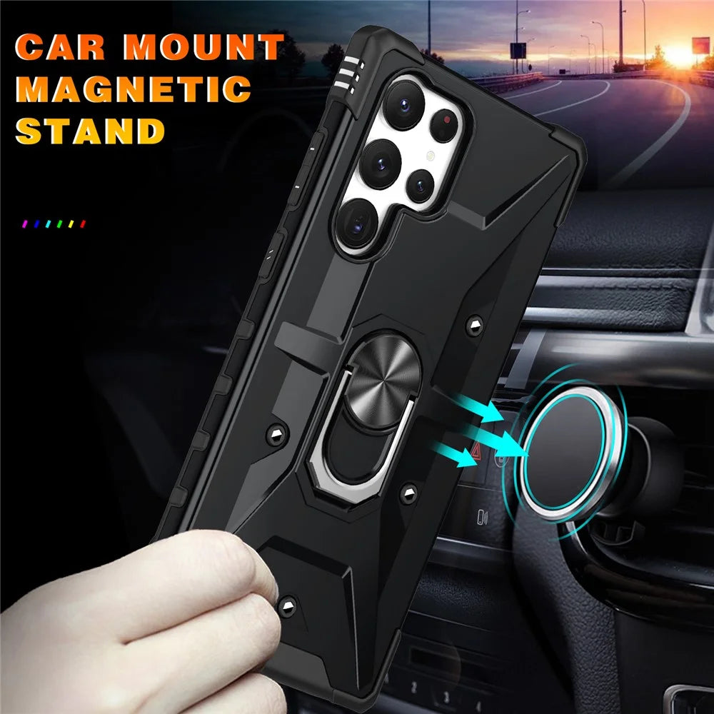 For Samsung Galaxy S24 Ultra Case PC+ TPU Hybrid Phone Cover with Ring Holder Kickstand - Black - 3