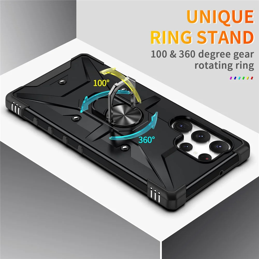 For Samsung Galaxy S24 Ultra Case PC+ TPU Hybrid Phone Cover with Ring Holder Kickstand - Black - 5