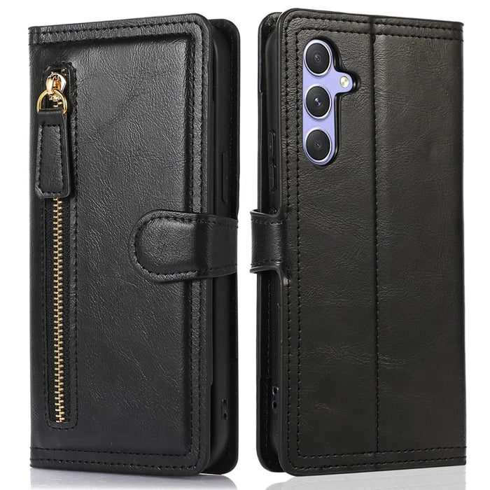 For Samsung Galaxy A55 5G Leather Case Zipper Wallet Stand Phone Cover - Black - 1