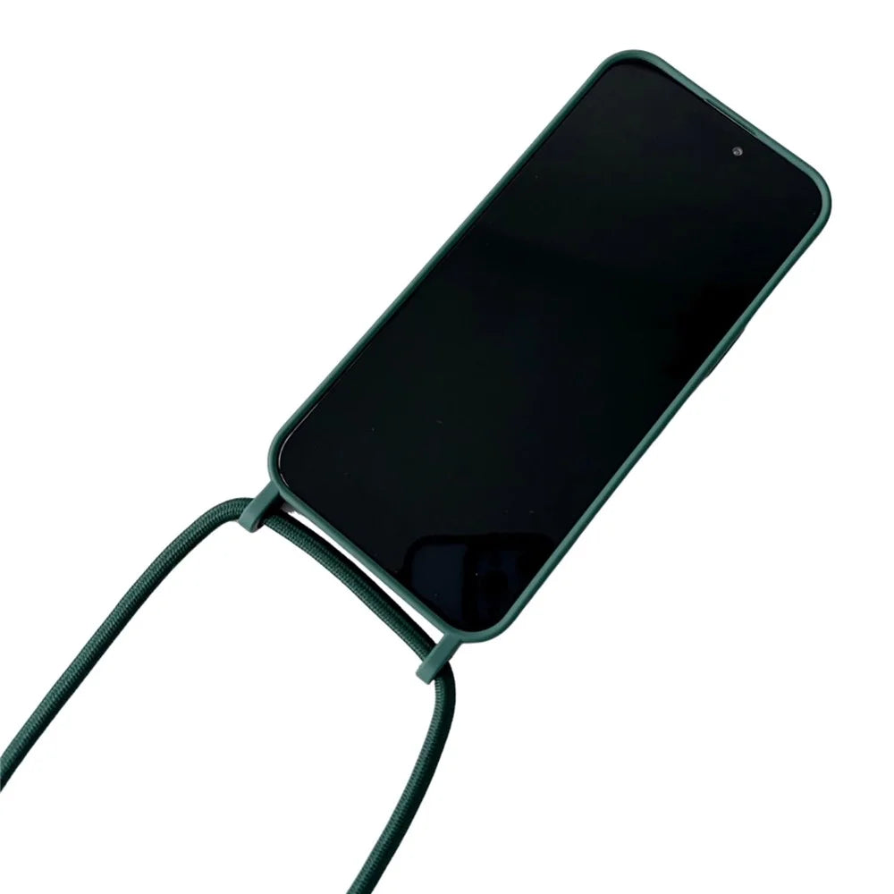For iPhone 13 Pro Crossbody Lanyard Case Liquid Silicone Protective Phone Cover - Blackish Green - 6