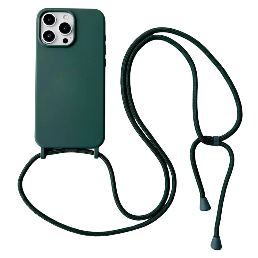 For iPhone 15 Pro Case Liquid Silicone Anti-Scratch Phone Cover with Adjustable Neck Cord - Blackish Green - 1