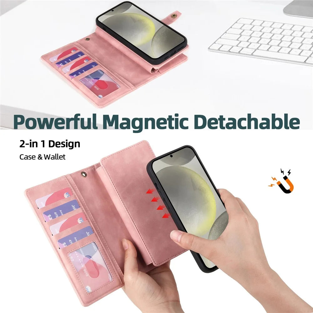 MEGSHI H1 Series For Samsung Galaxy S24+ Case 2-in-1 Magnetic Detachable Wallet PU Leather Phone Cover - Pink - 5
