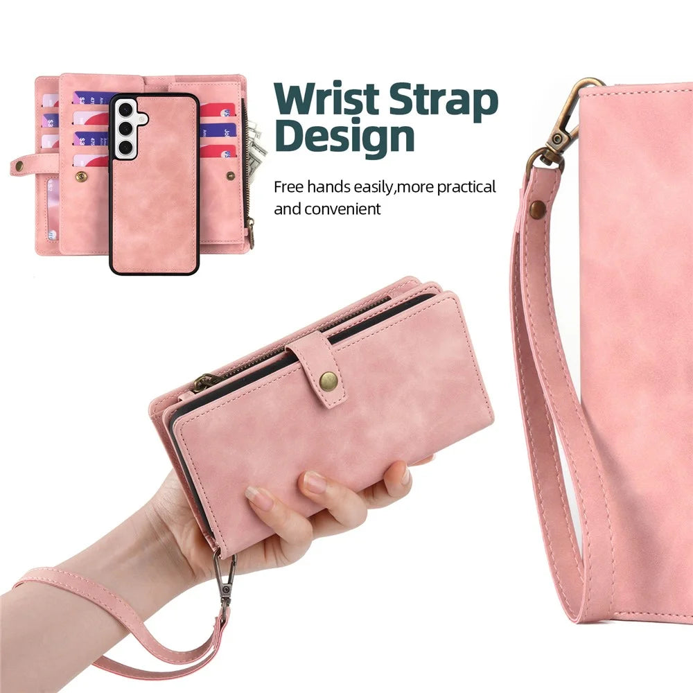 MEGSHI H1 Series For Samsung Galaxy S24+ Case 2-in-1 Magnetic Detachable Wallet PU Leather Phone Cover - Pink - 6