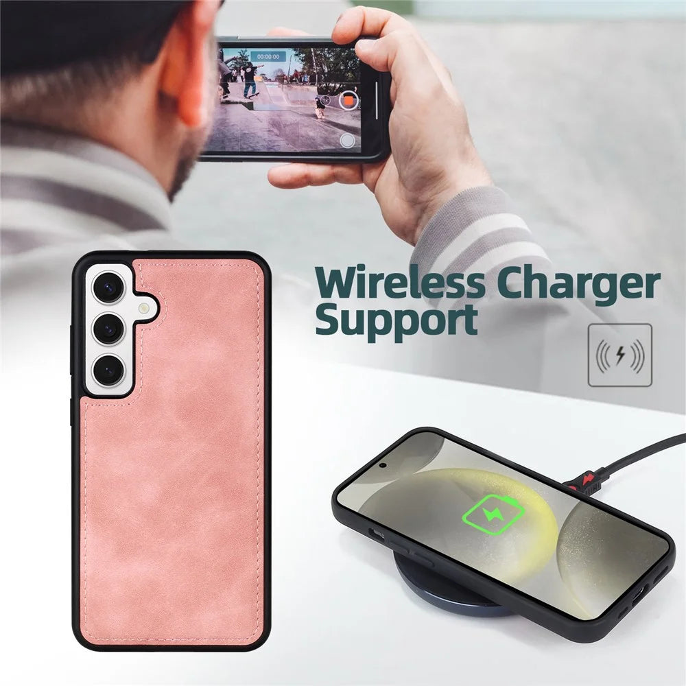 MEGSHI H1 Series For Samsung Galaxy S24+ Case 2-in-1 Magnetic Detachable Wallet PU Leather Phone Cover - Pink - 7