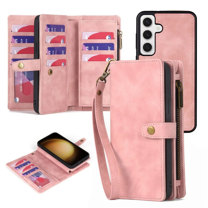 MEGSHI H1 Series For Samsung Galaxy S23 FE Leather Case Detachable 2-in-1 Zipper Phone Cover - Pink - 1