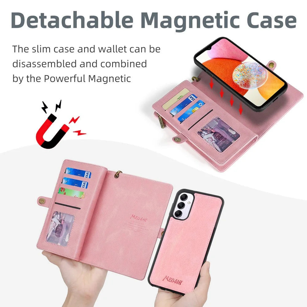MEGSHI 017 Series For Samsung Galaxy S23 FE Wallet Case 2-in-1 Detachable Leather Phone Cover - Rose Gold - 4