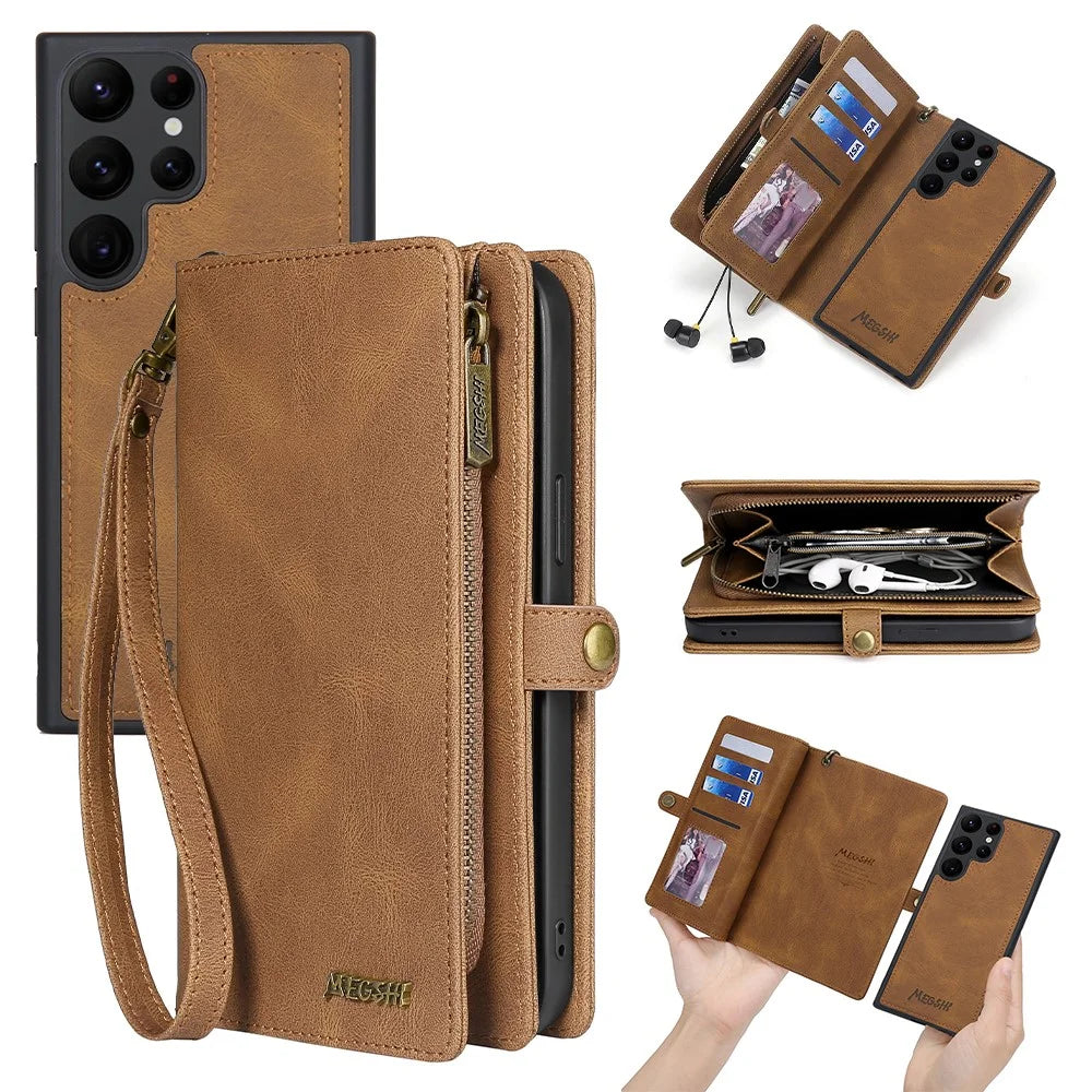 MEGSHI 017 Series For Samsung Galaxy S24 Ultra Case Zipper Wallet Detachable Letaher Phone Bag - Brown - 1