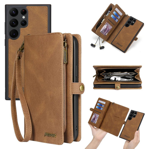 MEGSHI 017 Series For Samsung Galaxy S24 Ultra Case Zipper Wallet Detachable Letaher Phone Bag - Brown - 1