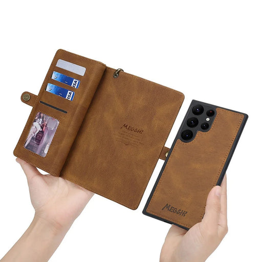 MEGSHI 017 Series For Samsung Galaxy S24 Ultra Case Zipper Wallet Detachable Letaher Phone Bag - Brown - 2