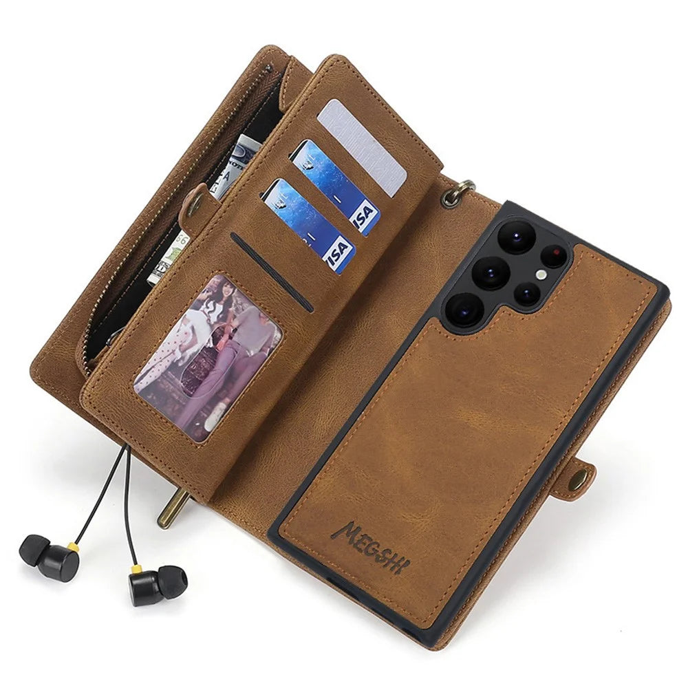 MEGSHI 017 Series For Samsung Galaxy S24 Ultra Case Zipper Wallet Detachable Letaher Phone Bag - Brown - 3