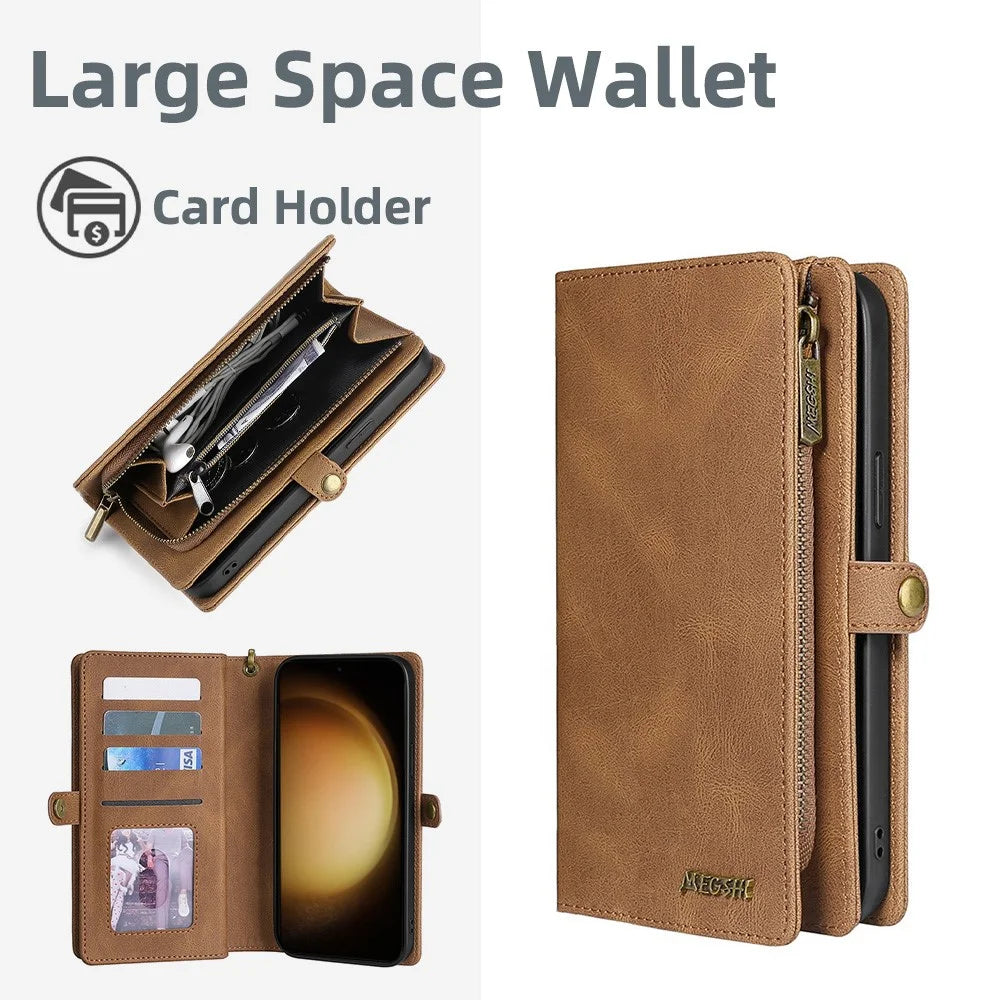 MEGSHI 017 Series For Samsung Galaxy S24 Ultra Case Zipper Wallet Detachable Letaher Phone Bag - Brown - 4