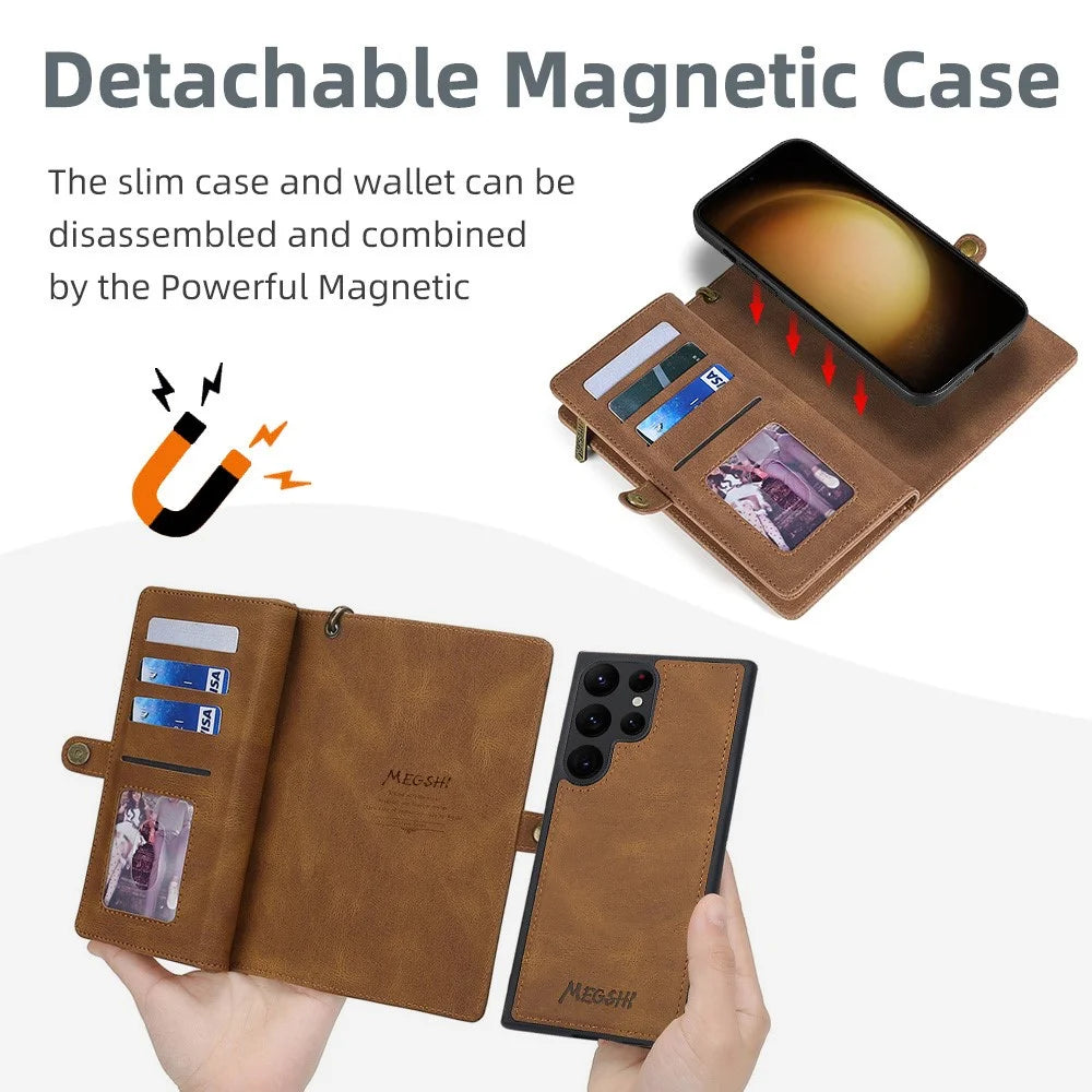 MEGSHI 017 Series For Samsung Galaxy S24 Ultra Case Zipper Wallet Detachable Letaher Phone Bag - Brown - 6