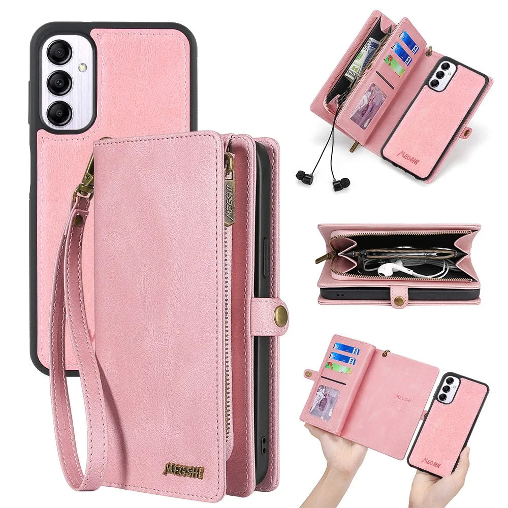 MEGSHI 017 Series For Samsung Galaxy S24+ Case Magnetic Detachable Zipper Leather Phone Cover - Rose Gold - 1