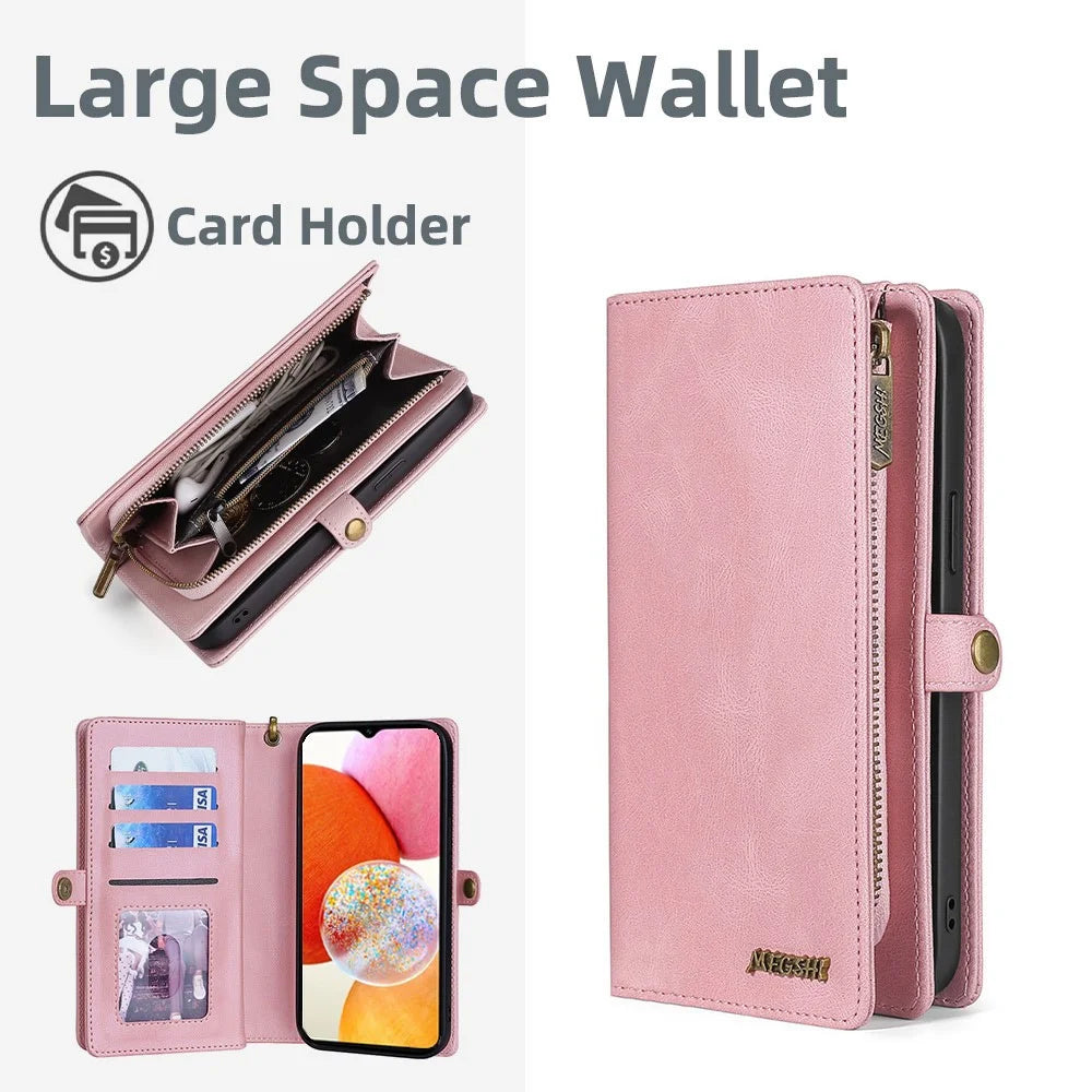 MEGSHI 017 Series For Samsung Galaxy S24+ Case Magnetic Detachable Zipper Leather Phone Cover - Rose Gold - 2