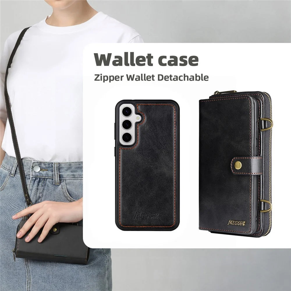 MEGSHI 020 Series for Samsung Galaxy S24 Leather Case Detachable Magnetic Phone Wallet Cover - Black - 3