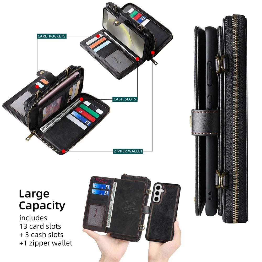 MEGSHI 020 Series for Samsung Galaxy S24 Leather Case Detachable Magnetic Phone Wallet Cover - Black - 4