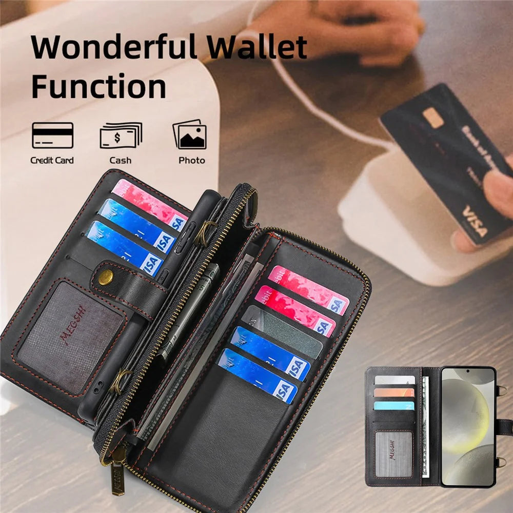 MEGSHI 020 Series for Samsung Galaxy S24 Leather Case Detachable Magnetic Phone Wallet Cover - Black - 5