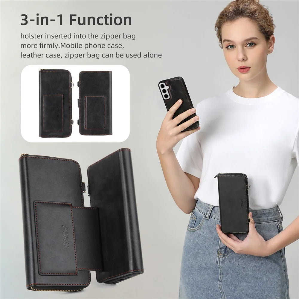 MEGSHI 020 Series for Samsung Galaxy S24 Leather Case Detachable Magnetic Phone Wallet Cover - Black - 6