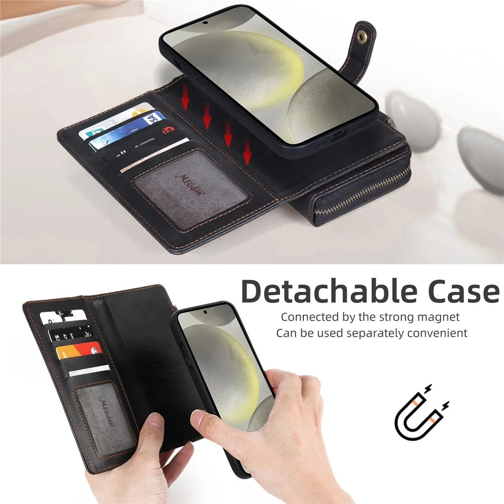 MEGSHI 020 Series for Samsung Galaxy S24 Leather Case Detachable Magnetic Phone Wallet Cover - Black - 7