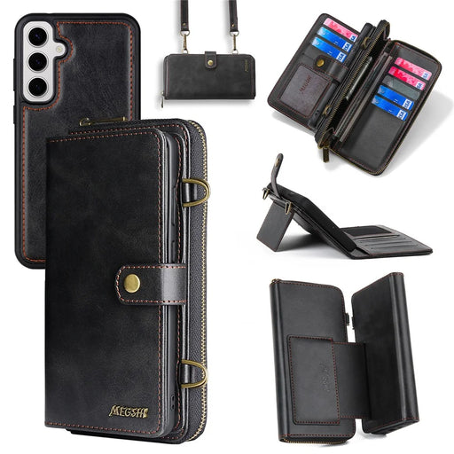 MEGSHI 020 Series for Samsung Galaxy S23 FE Case Crossbody Leather Phone Cover Detachable Wallet - Black - 1
