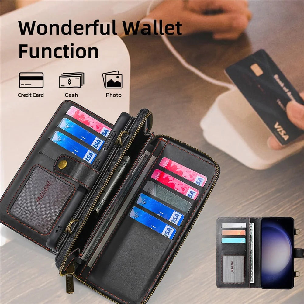 MEGSHI 020 Series for Samsung Galaxy S23 FE Case Crossbody Leather Phone Cover Detachable Wallet - Black - 2