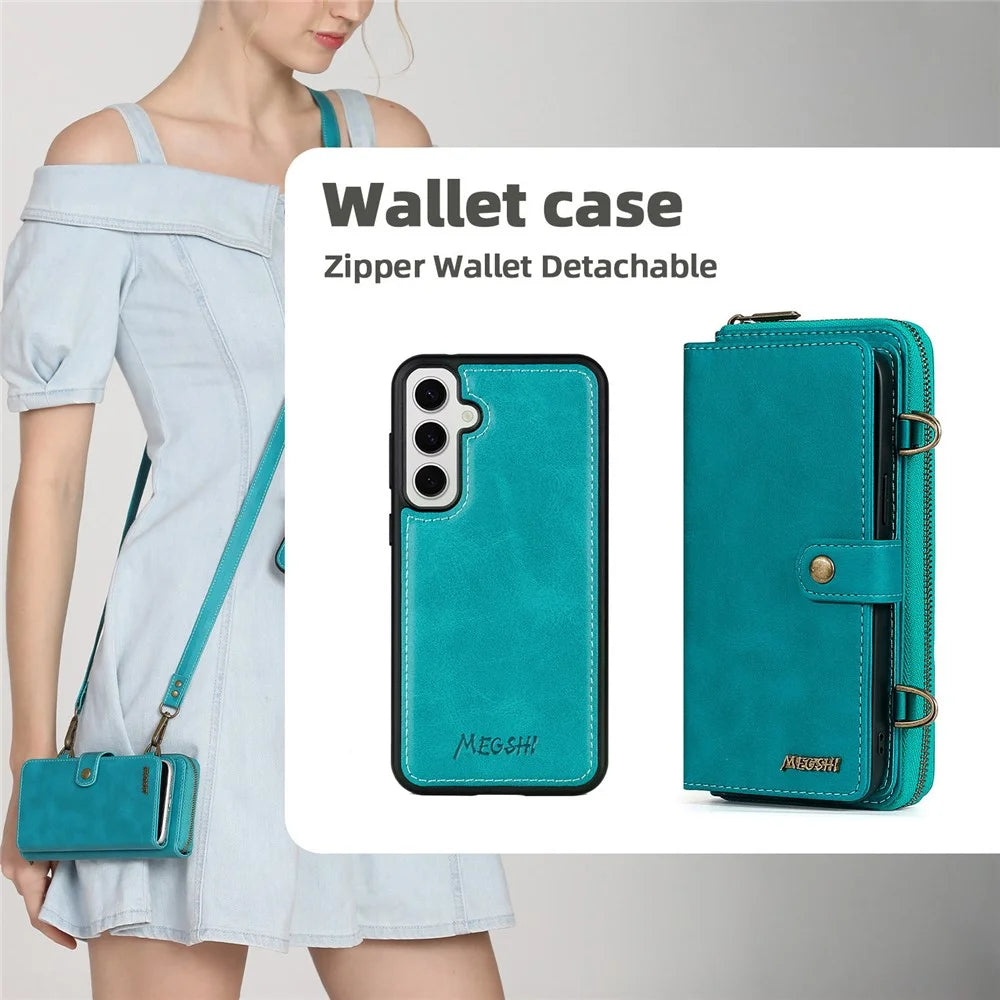 MEGSHI 020 Series for Samsung Galaxy S24+ Phone Case Crossbody PU Leather Foldable Stand Cover - Blue - 3