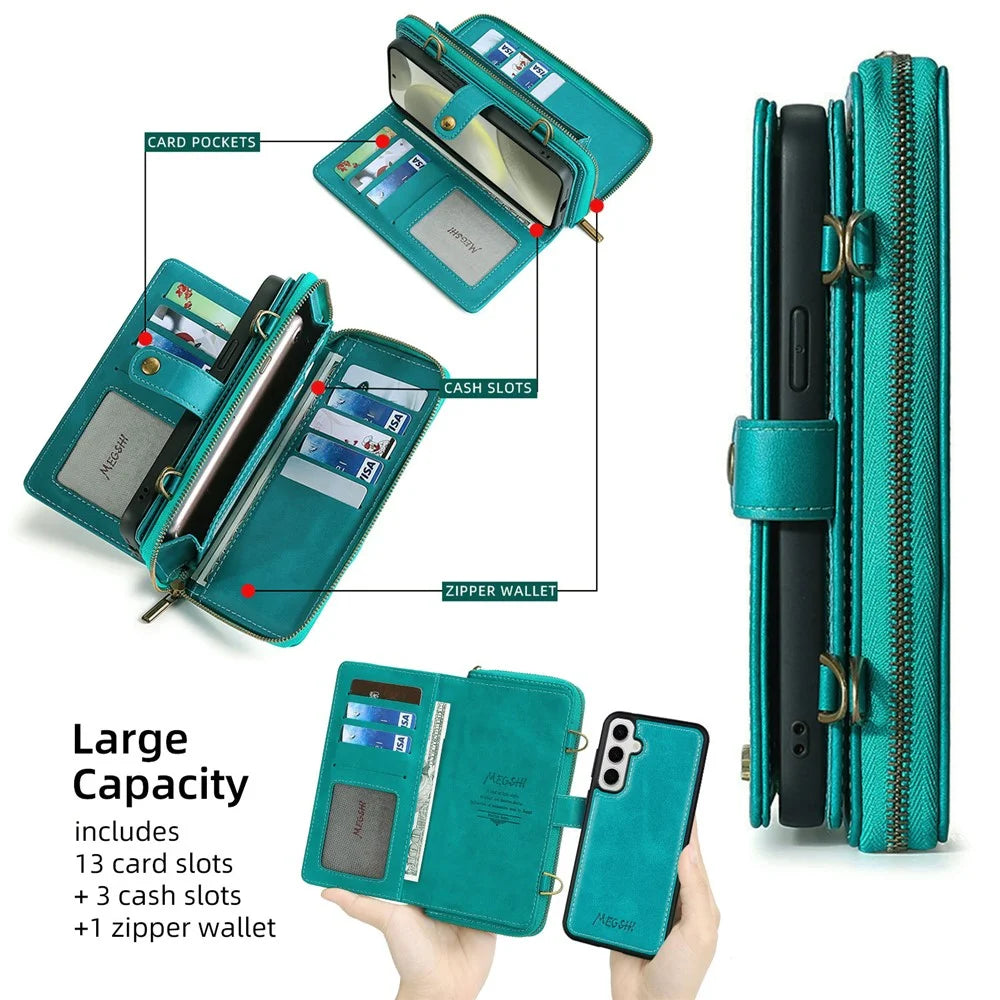 MEGSHI 020 Series for Samsung Galaxy S24+ Phone Case Crossbody PU Leather Foldable Stand Cover - Blue - 4