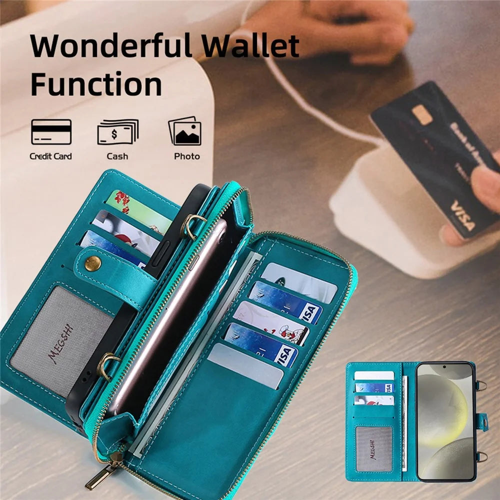 MEGSHI 020 Series for Samsung Galaxy S24+ Phone Case Crossbody PU Leather Foldable Stand Cover - Blue - 5