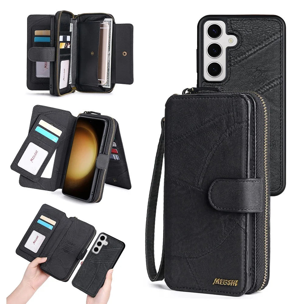MEGSHI 004 Series For Samsung Galaxy S23 FE Detachable Phone Case Wallet Stand Cover Magnetic Leather Phone Cover - Black - 1