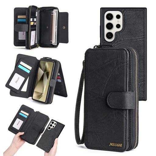 MEGSHI 004 Series For Samsung Galaxy S24 Ultra PU Leather Zipper Wallet Stand Cover Detachable Phone Case with Mirror - Black - 1