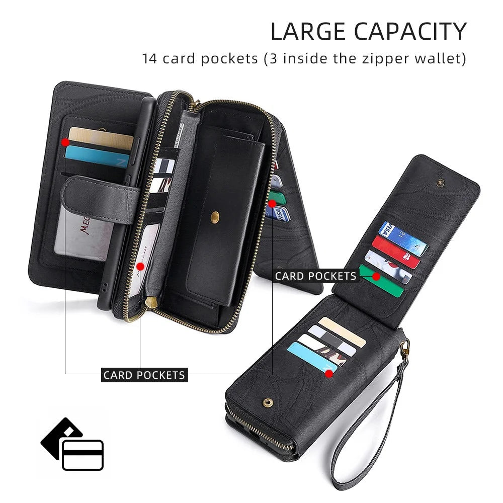 MEGSHI 004 Series For Samsung Galaxy S24 Ultra PU Leather Zipper Wallet Stand Cover Detachable Phone Case with Mirror - Black - 2