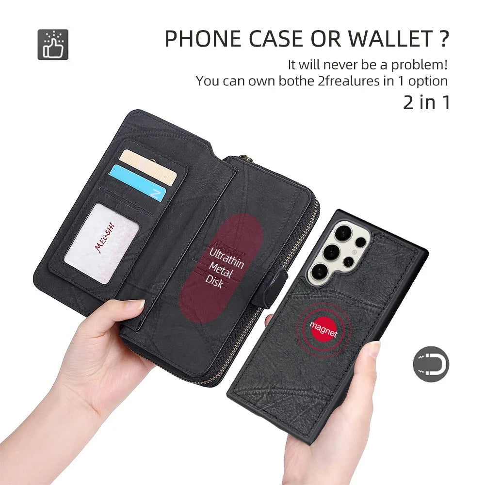 MEGSHI 004 Series For Samsung Galaxy S24 Ultra PU Leather Zipper Wallet Stand Cover Detachable Phone Case with Mirror - Black - 6