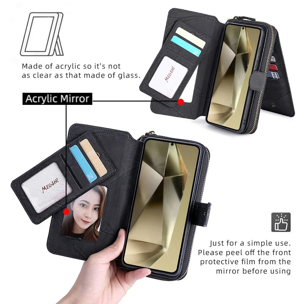 MEGSHI 004 Series For Samsung Galaxy S24 Ultra PU Leather Zipper Wallet Stand Cover Detachable Phone Case with Mirror - Black - 7