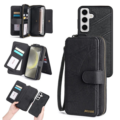 MEGSHI 004 Series For Samsung Galaxy S24+ Detachable Magnetic Leather Zipper Wallet Stand Cover Case with Mirror - Black - 1