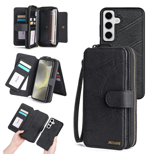 MEGSHI 004 Series For Samsung Galaxy S24+ Detachable Magnetic Leather Zipper Wallet Stand Cover Case with Mirror - Black - 1