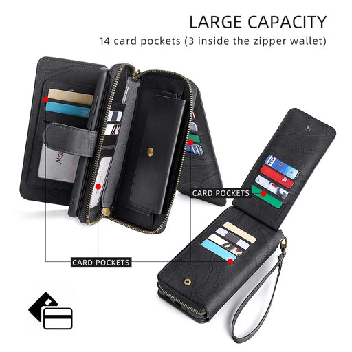 MEGSHI 004 Series For Samsung Galaxy S24+ Detachable Magnetic Leather Zipper Wallet Stand Cover Case with Mirror - Black - 2
