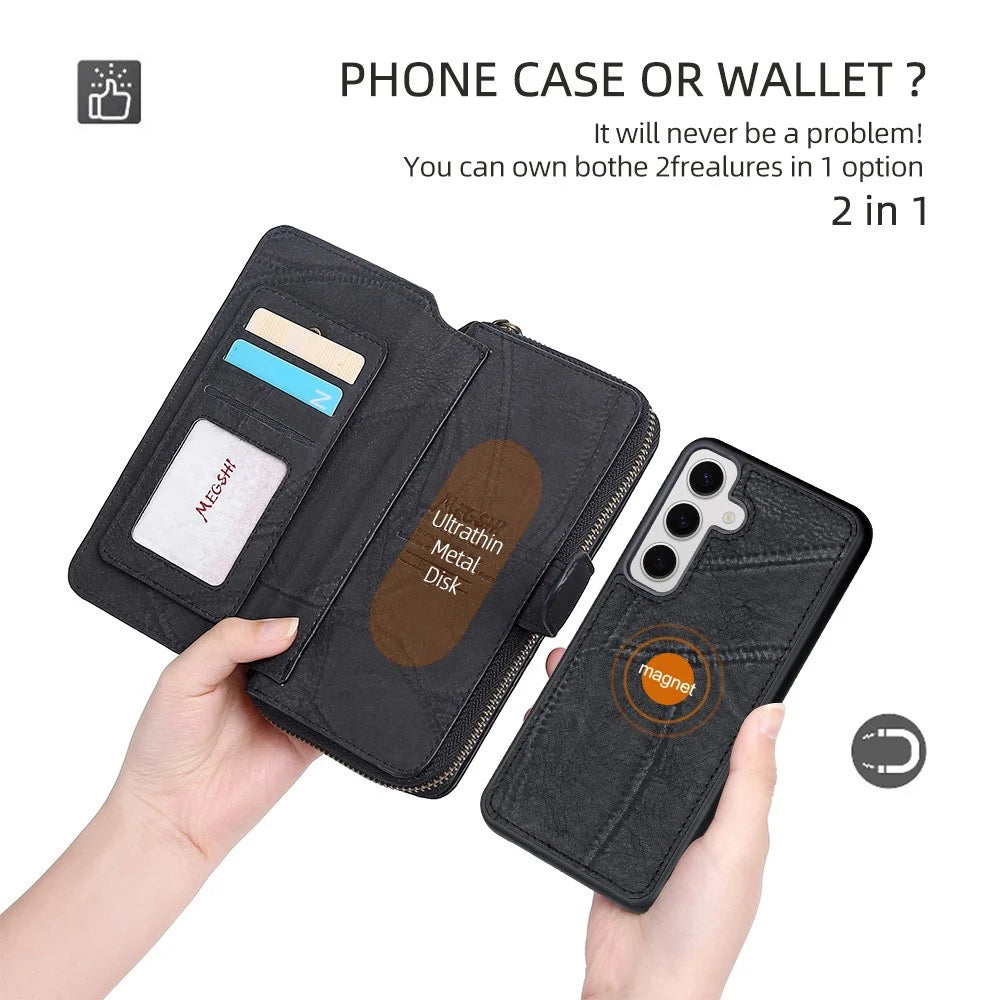 MEGSHI 004 Series For Samsung Galaxy S24+ Detachable Magnetic Leather Zipper Wallet Stand Cover Case with Mirror - Black - 3