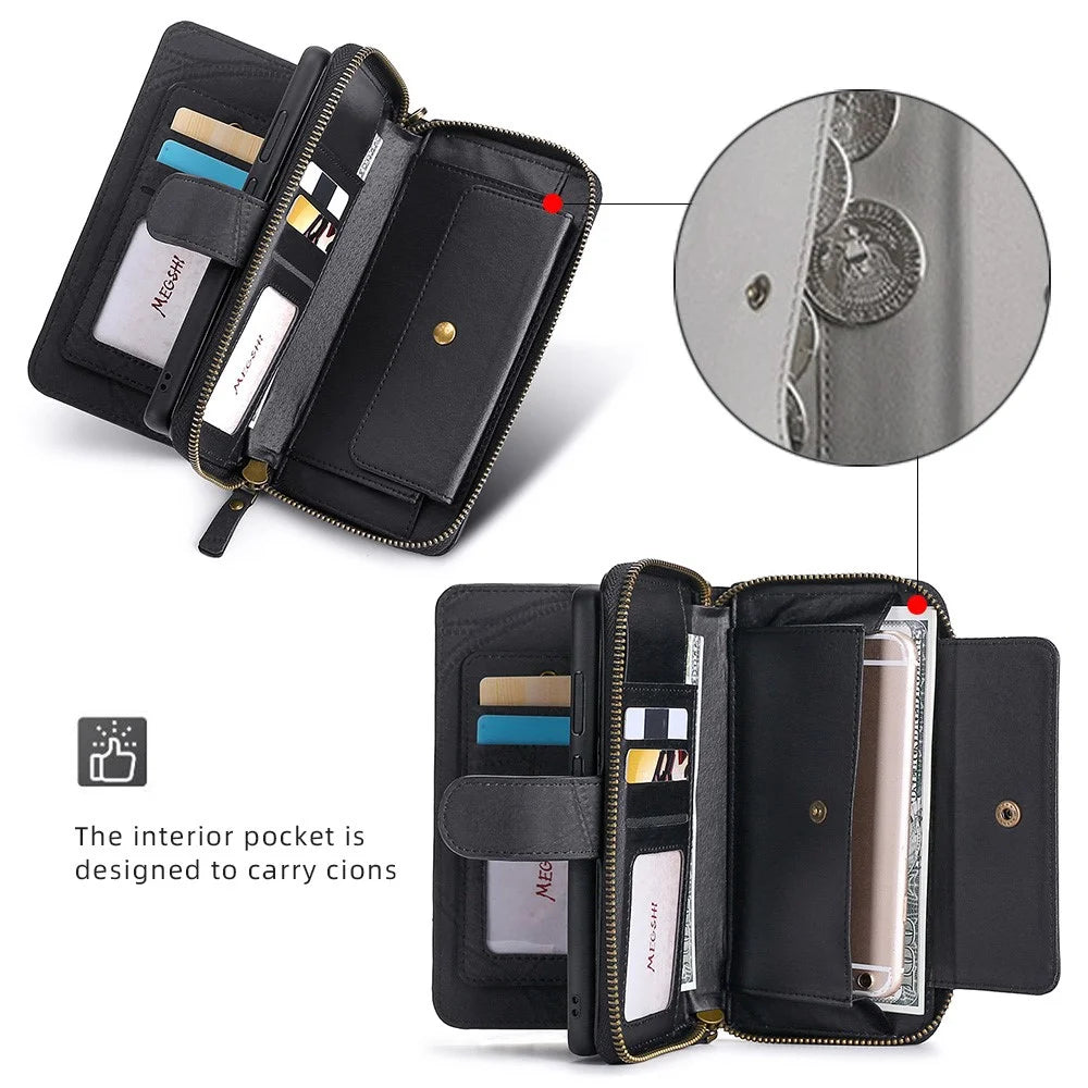 MEGSHI 004 Series For Samsung Galaxy S24+ Detachable Magnetic Leather Zipper Wallet Stand Cover Case with Mirror - Black - 4