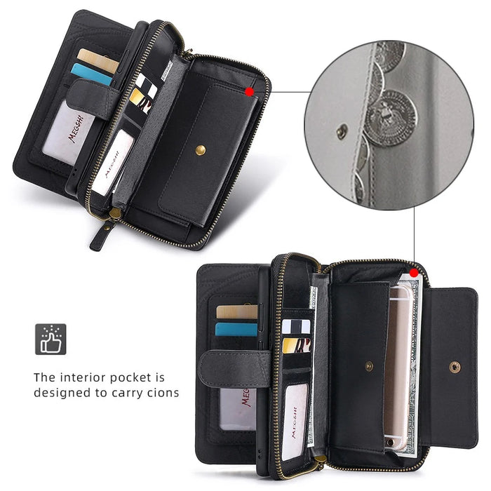 MEGSHI 004 Series For Samsung Galaxy S24+ Detachable Magnetic Leather Zipper Wallet Stand Cover Case with Mirror - Black - 4