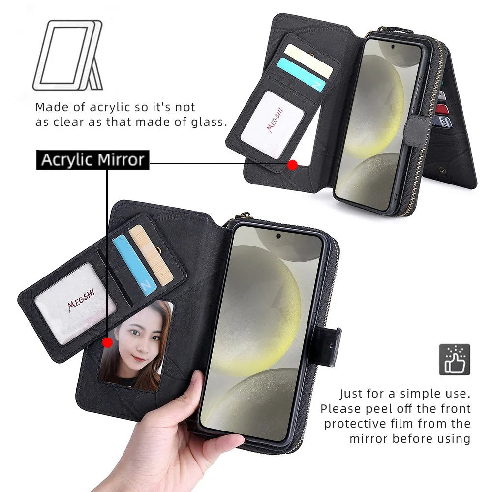MEGSHI 004 Series For Samsung Galaxy S24+ Detachable Magnetic Leather Zipper Wallet Stand Cover Case with Mirror - Black - 5