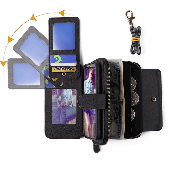 MEGSHI 004 Series For Samsung Galaxy S24+ Detachable Magnetic Leather Zipper Wallet Stand Cover Case with Mirror - Black - 6