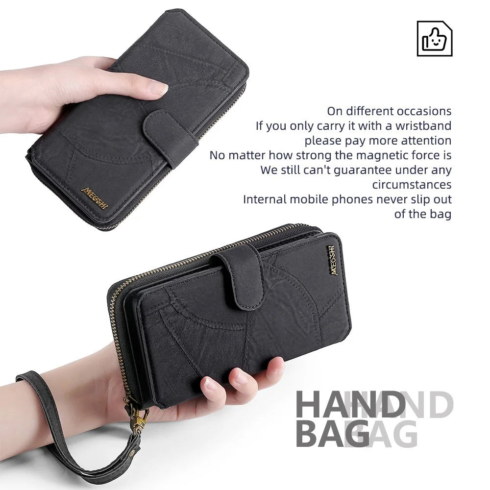 MEGSHI 004 Series For Samsung Galaxy S24+ Detachable Magnetic Leather Zipper Wallet Stand Cover Case with Mirror - Black - 7