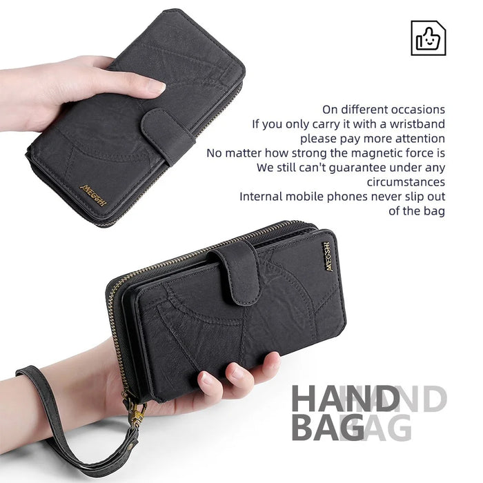 MEGSHI 004 Series For Samsung Galaxy S24+ Detachable Magnetic Leather Zipper Wallet Stand Cover Case with Mirror - Black - 7