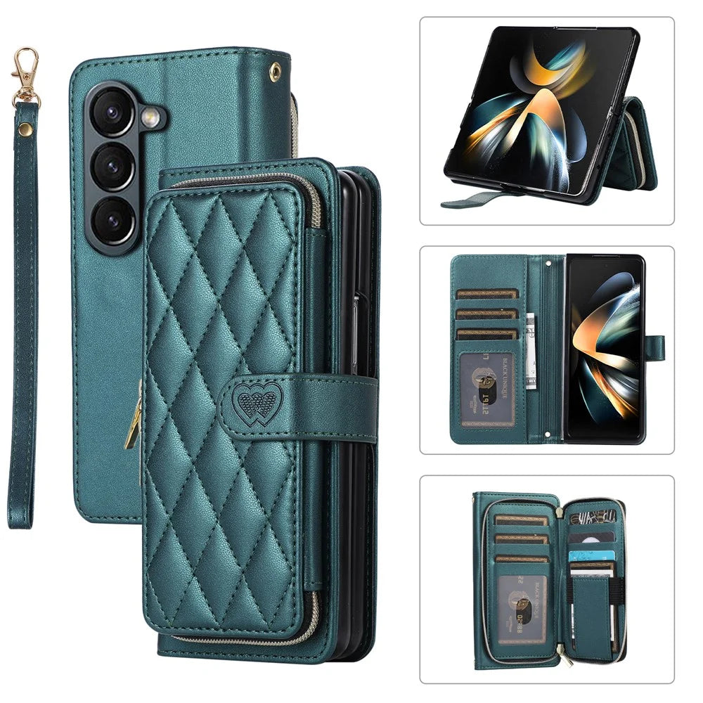 For Samsung Galaxy Z Fold5 5G Case Zipper Wallet Rhombus Leather Cover with Wrist Strap - Green - 1
